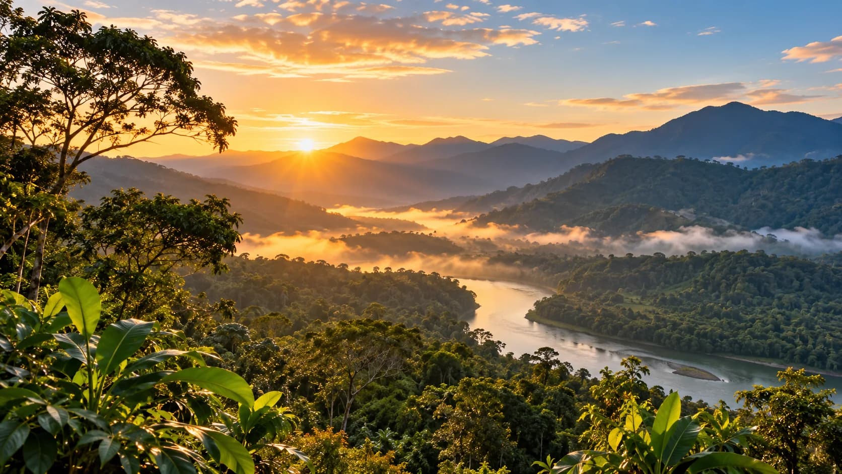 Paisaje de bosque, montañas y río al amanecer.